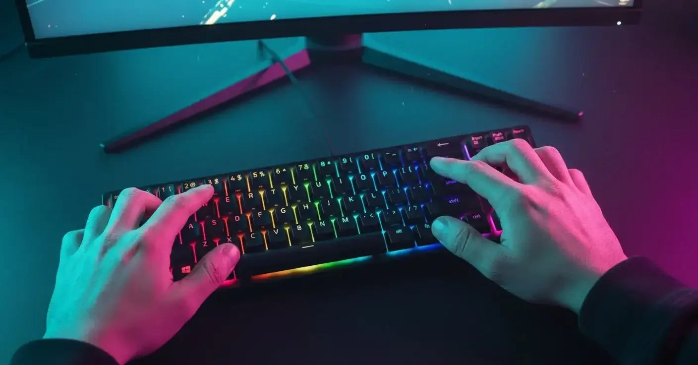 Hands typing on RGB mechanical gaming keyboard in front of curved monitor