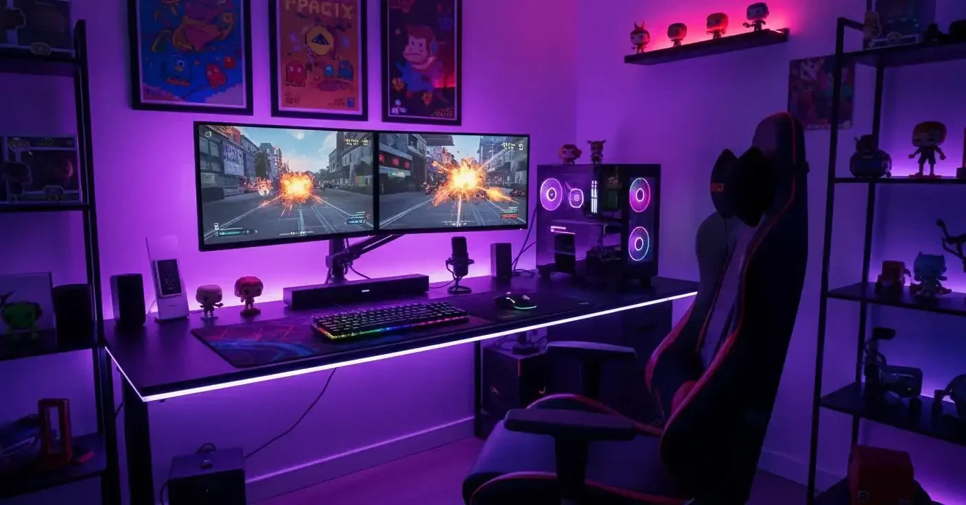 RGB gaming setup with dual monitors, gaming chair, LED lights, and PC in purple-lit room