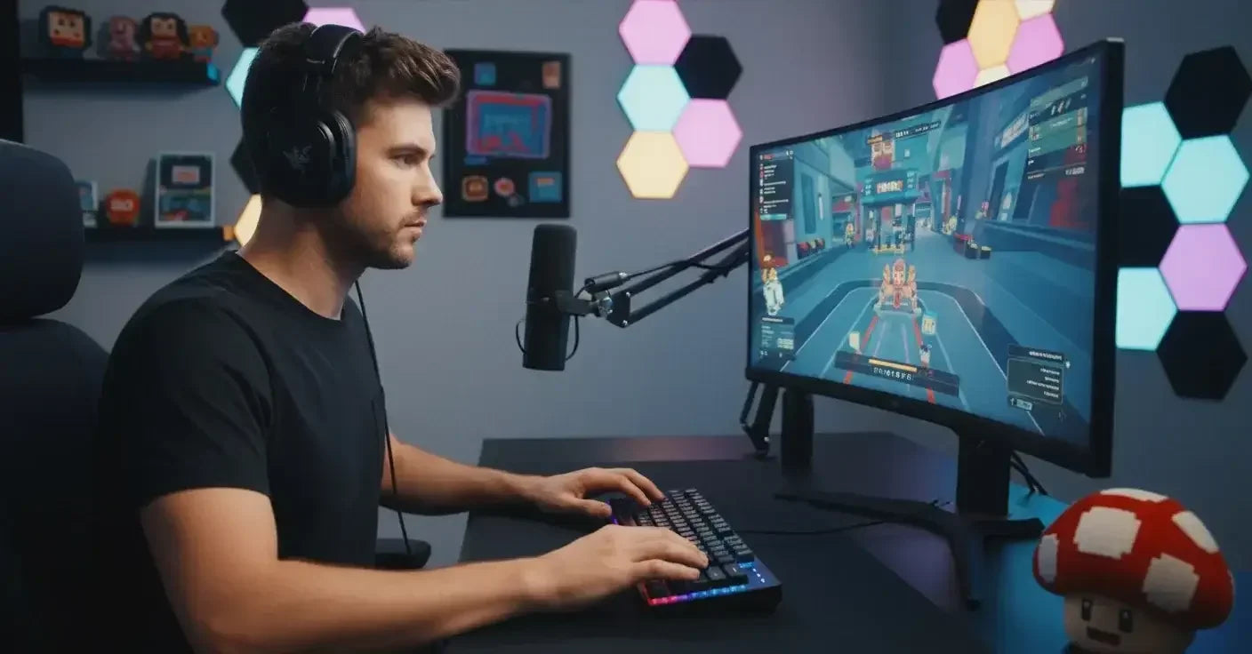 Gamer streaming with headset at RGB-lit setup, playing video game on curved monitor
