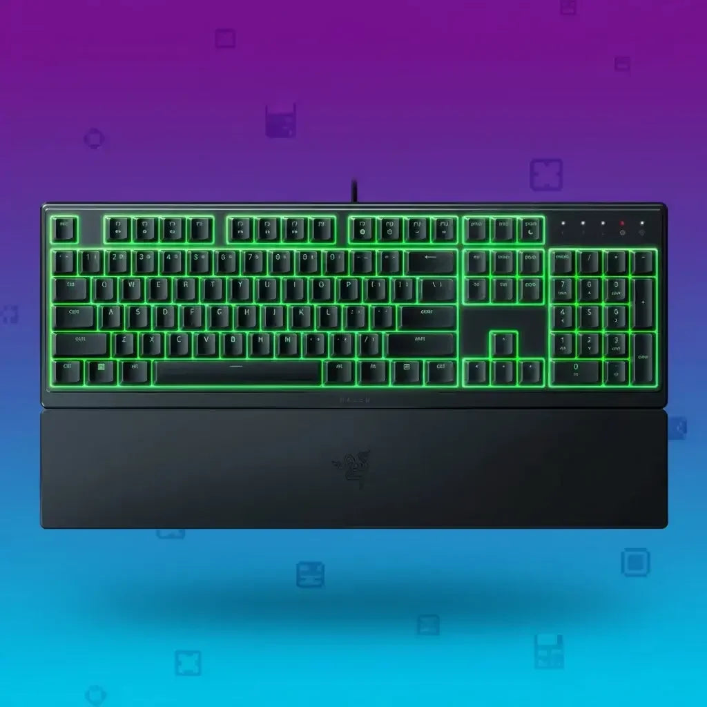Razer wired mechanical keyboard with green RGB backlighting and black wrist rest on gradient purple-blue background