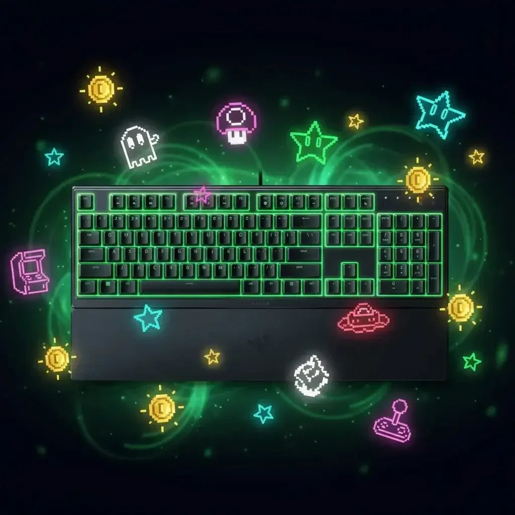 Gaming keyboard with green backlight surrounded by colorful pixel art icons like stars, coins, and gaming symbols