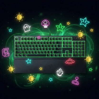 Gaming keyboard with green backlight surrounded by colorful pixel art icons like stars, coins, and gaming symbols