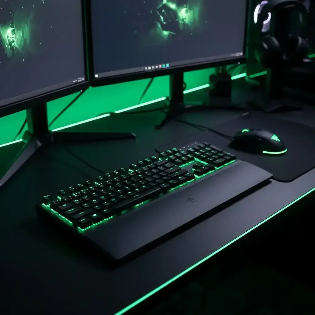 Gaming setup with RGB backlit keyboard and mouse, dual monitors, and green ambient lighting