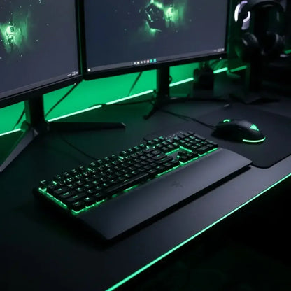 Gaming setup with RGB backlit keyboard and mouse, dual monitors, and green ambient lighting