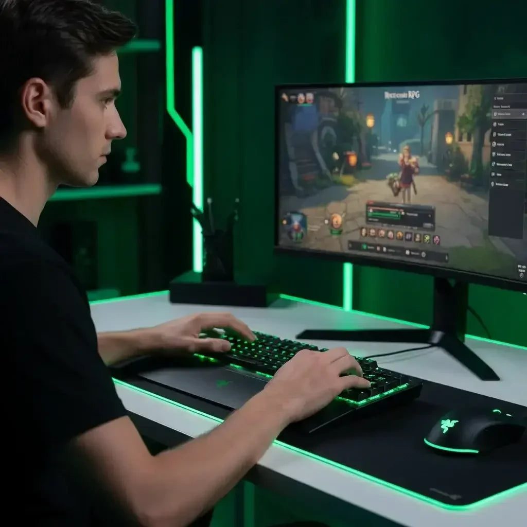 Young man playing Revenant RPG on curved gaming monitor with green LED keyboard and mouse in dark room