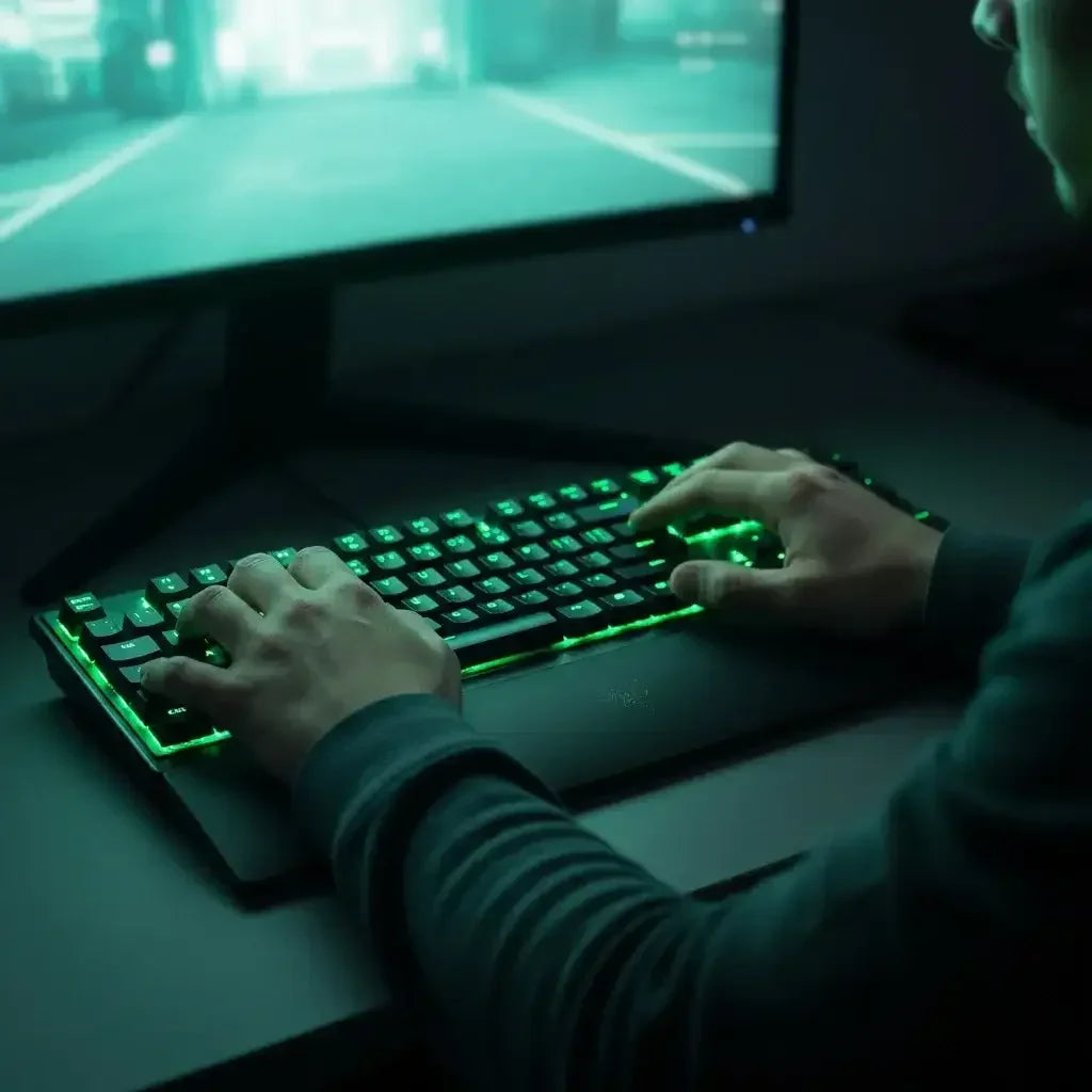 Person typing on a black keyboard with green backlighting in a dark room, using a widescreen monitor