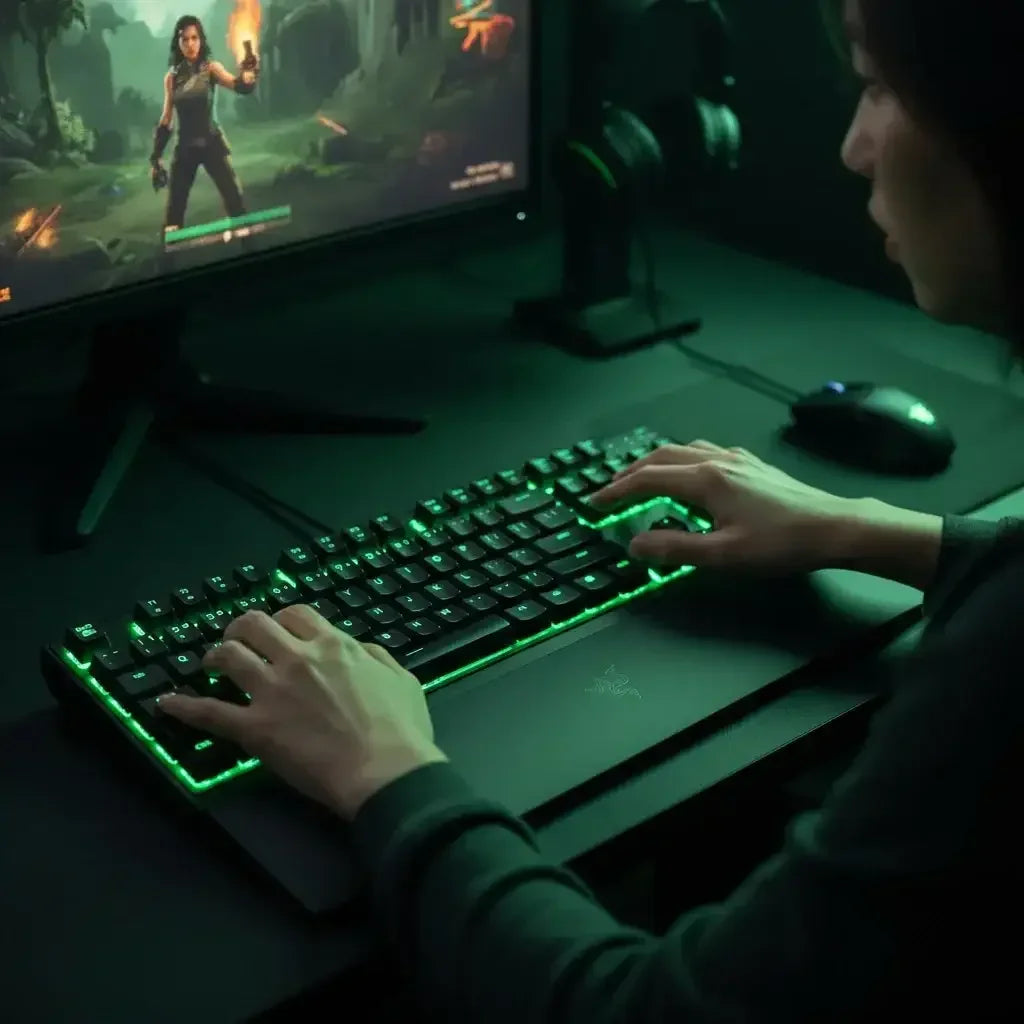 Person playing action-adventure video game on a monitor with green backlit gaming keyboard and mouse