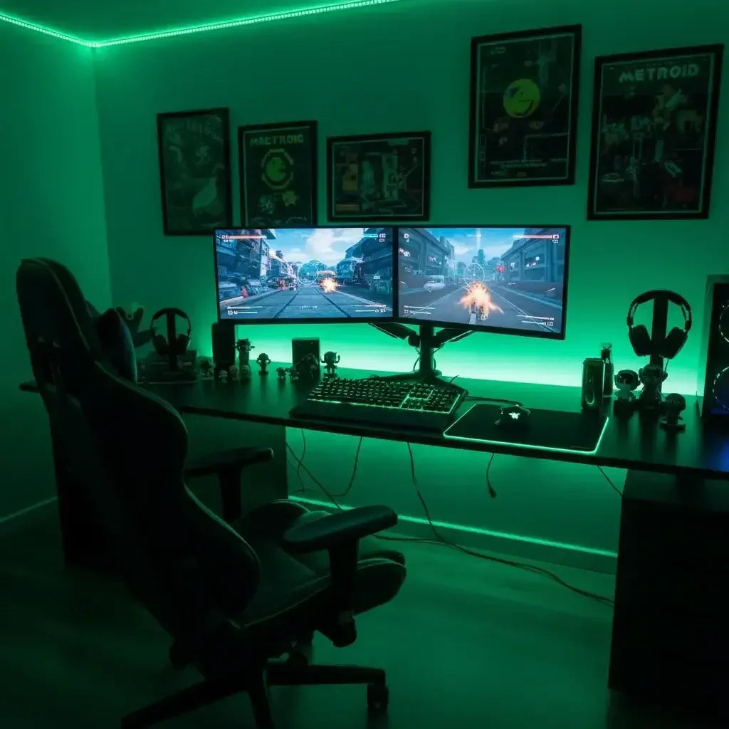 Gaming setup with dual monitors showing futuristic shooter game, RGB keyboard, mouse, and green LED ambient lighting