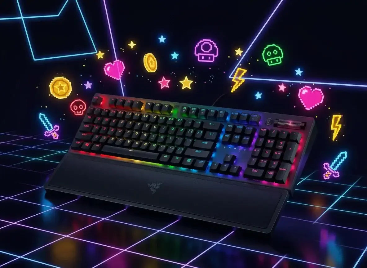 Black RGB gaming keyboard with wrist rest on neon grid background and pixel art icons