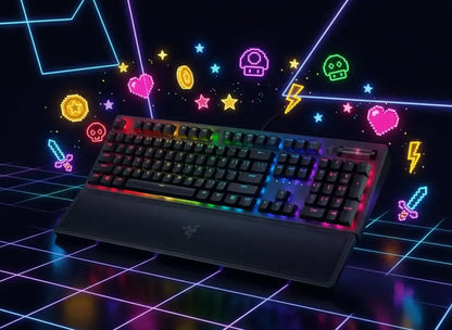 Black RGB gaming keyboard with wrist rest on neon grid background and pixel art icons