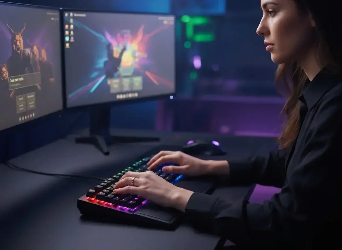 Young woman focused on gaming with RGB keyboard and dual monitors in dark room