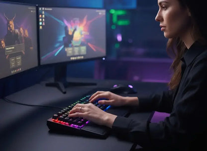 Young woman focused on gaming with RGB keyboard and dual monitors in dark room