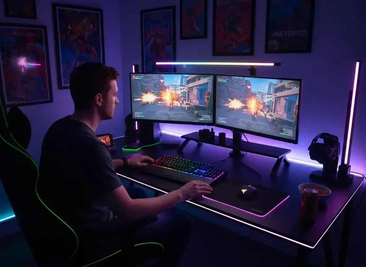 Gamer playing dual-monitor FPS game in RGB-lit gaming setup with mechanical keyboard and gaming chair