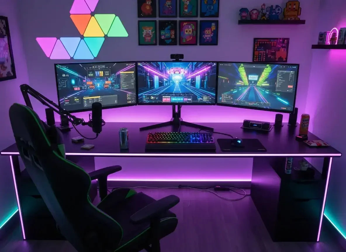 Modern gaming setup with triple curved monitors, RGB keyboard, microphone, and LED ambient lighting
