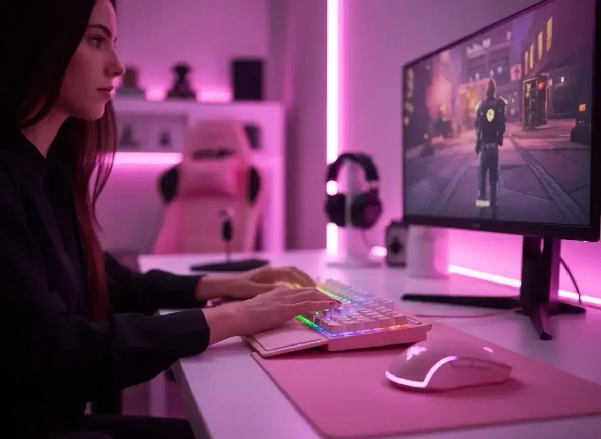 Woman gaming at RGB keyboard desk with pink LED lights and monitor in modern setup