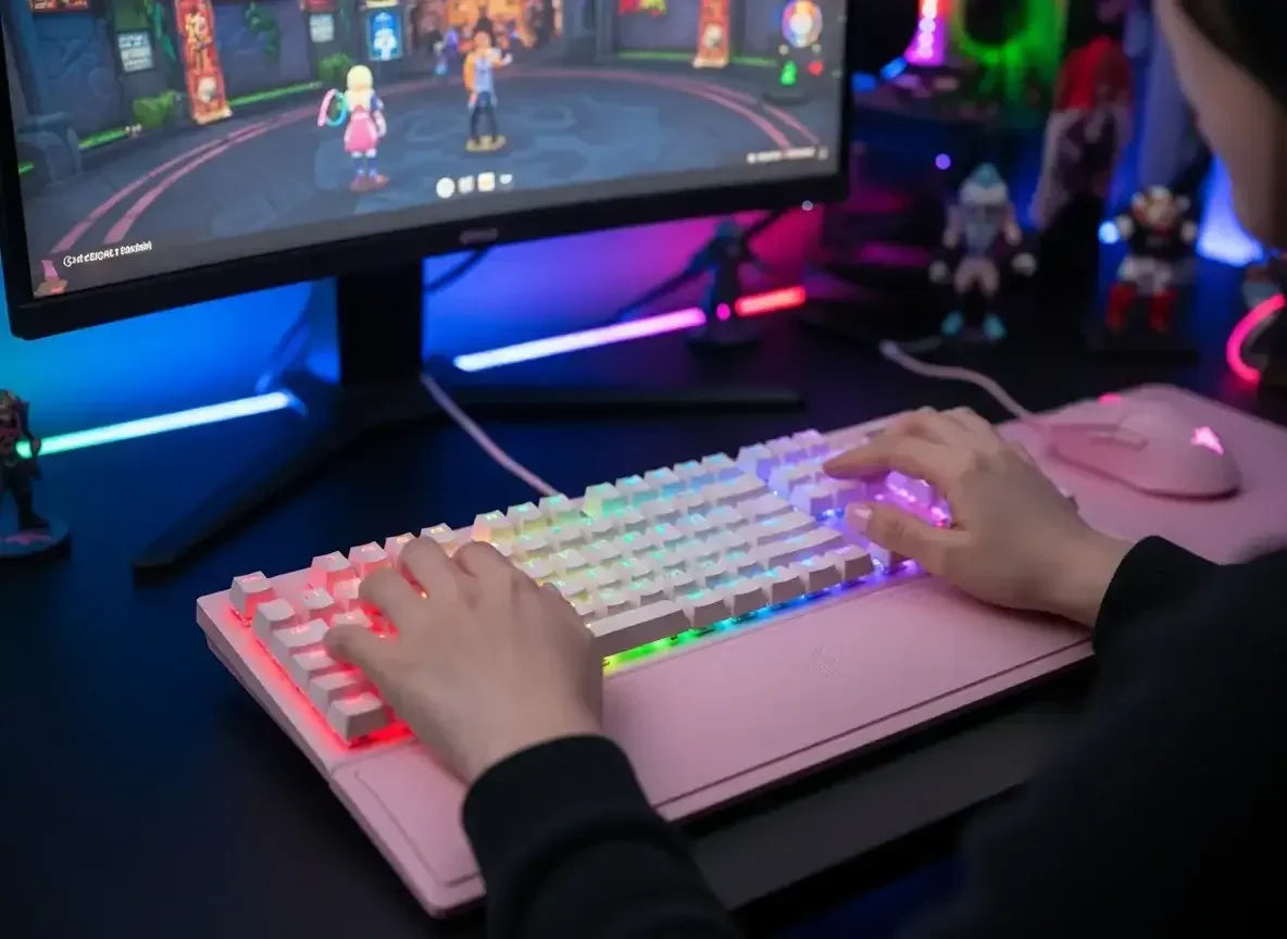 Gamer using pink RGB mechanical keyboard and mouse at colorful gaming setup with monitor