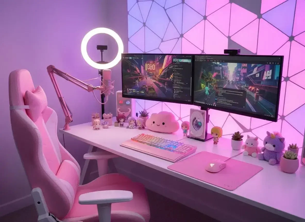 Cute pink gaming setup with dual monitors, LED wall lights, kawaii plushies, and RGB keyboard