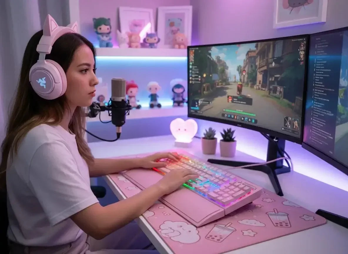 Gamer girl with cat ear headphones streaming at a pastel pink gaming setup with RGB keyboard.