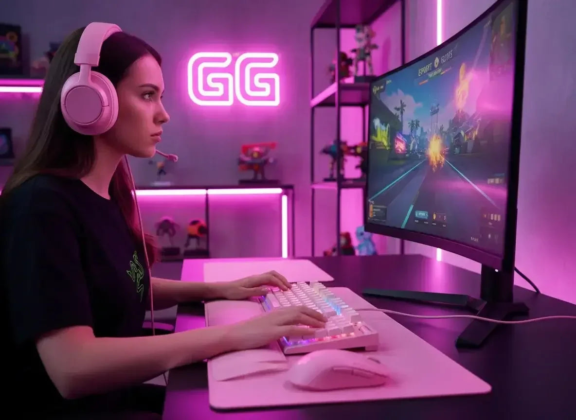 Female gamer with pink headset gaming on a curved monitor in a neon-lit setup