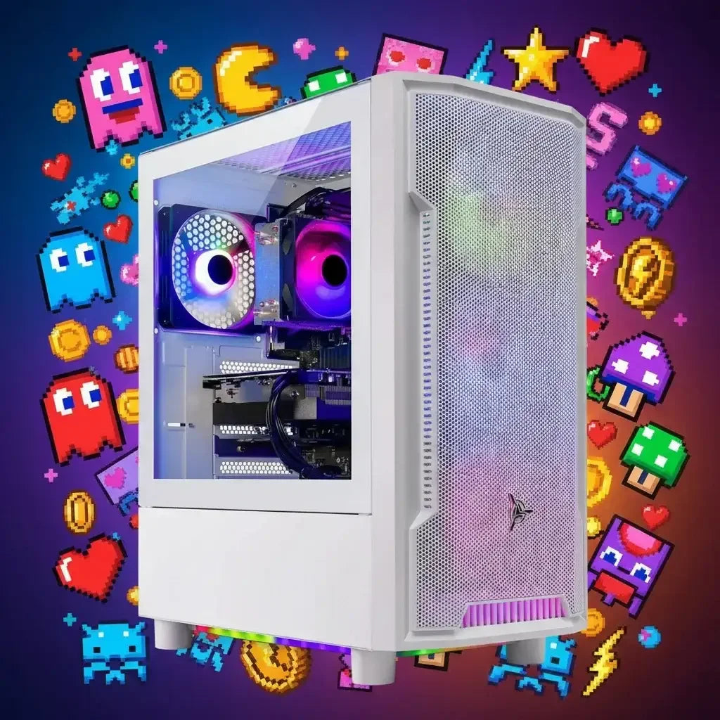 White RGB gaming PC with glass side panel, colorful fans, retro pixel art video game icons background