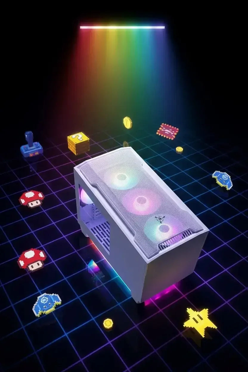 Gaming PC case with RGB lighting on grid background, surrounded by retro pixel video game icons.