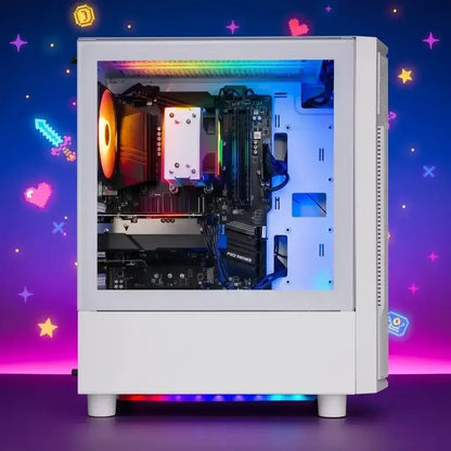 White gaming PC case with RGB lighting, open side panel, pixel art icons background