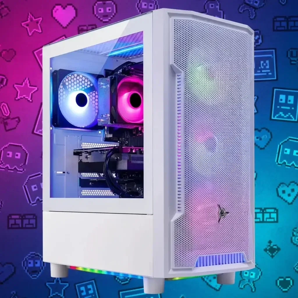 White RGB gaming PC with glass side panel on pixel art background, modern computer case