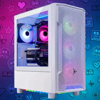 White RGB gaming PC with glass side panel on pixel art background, modern computer case