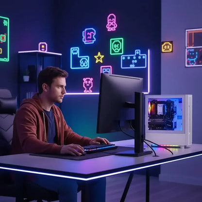 Gamer at PC desk with LED-lit gaming computer and neon pixel art wall decor