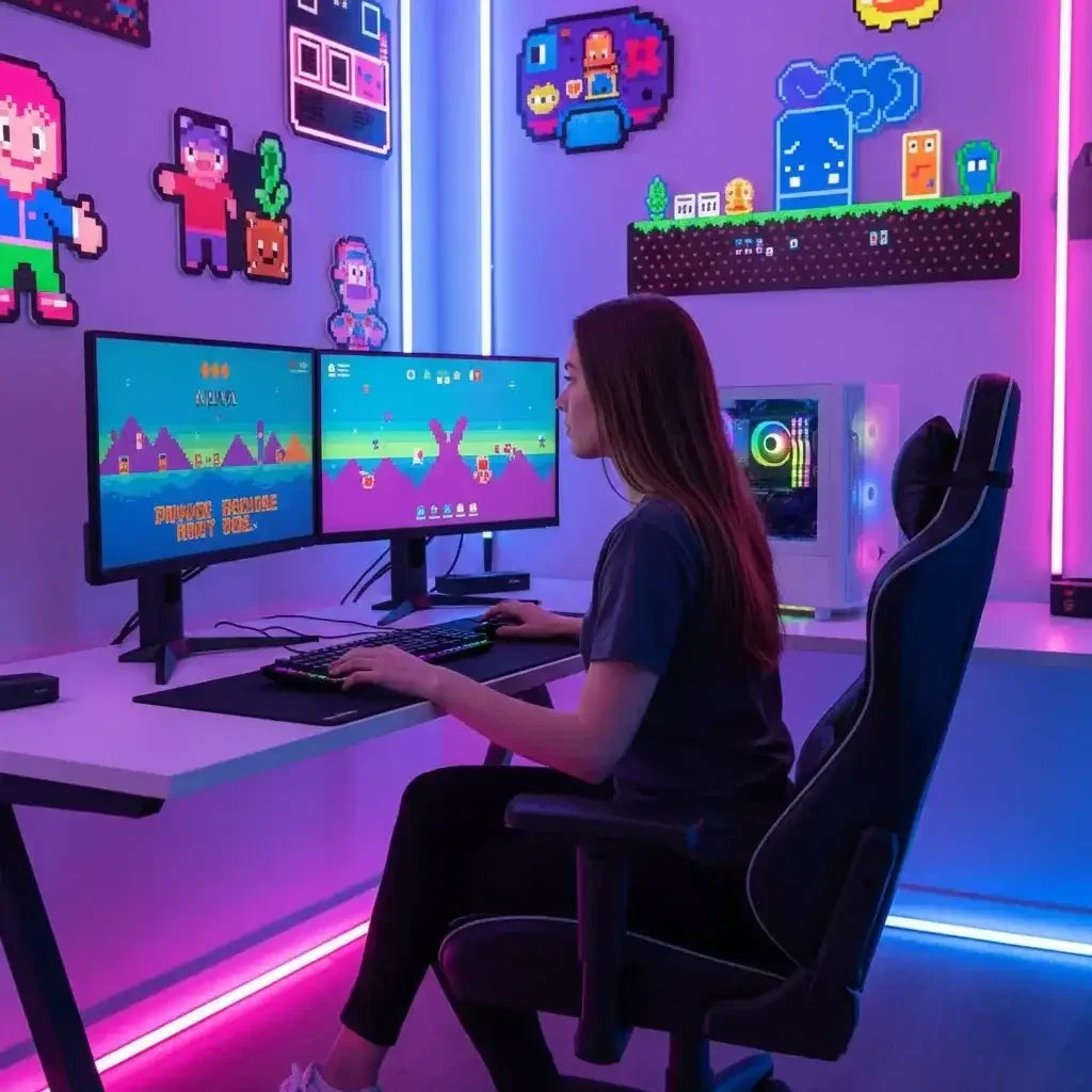 Woman at dual monitor gaming setup with RGB lights and pixel art decor in a modern room