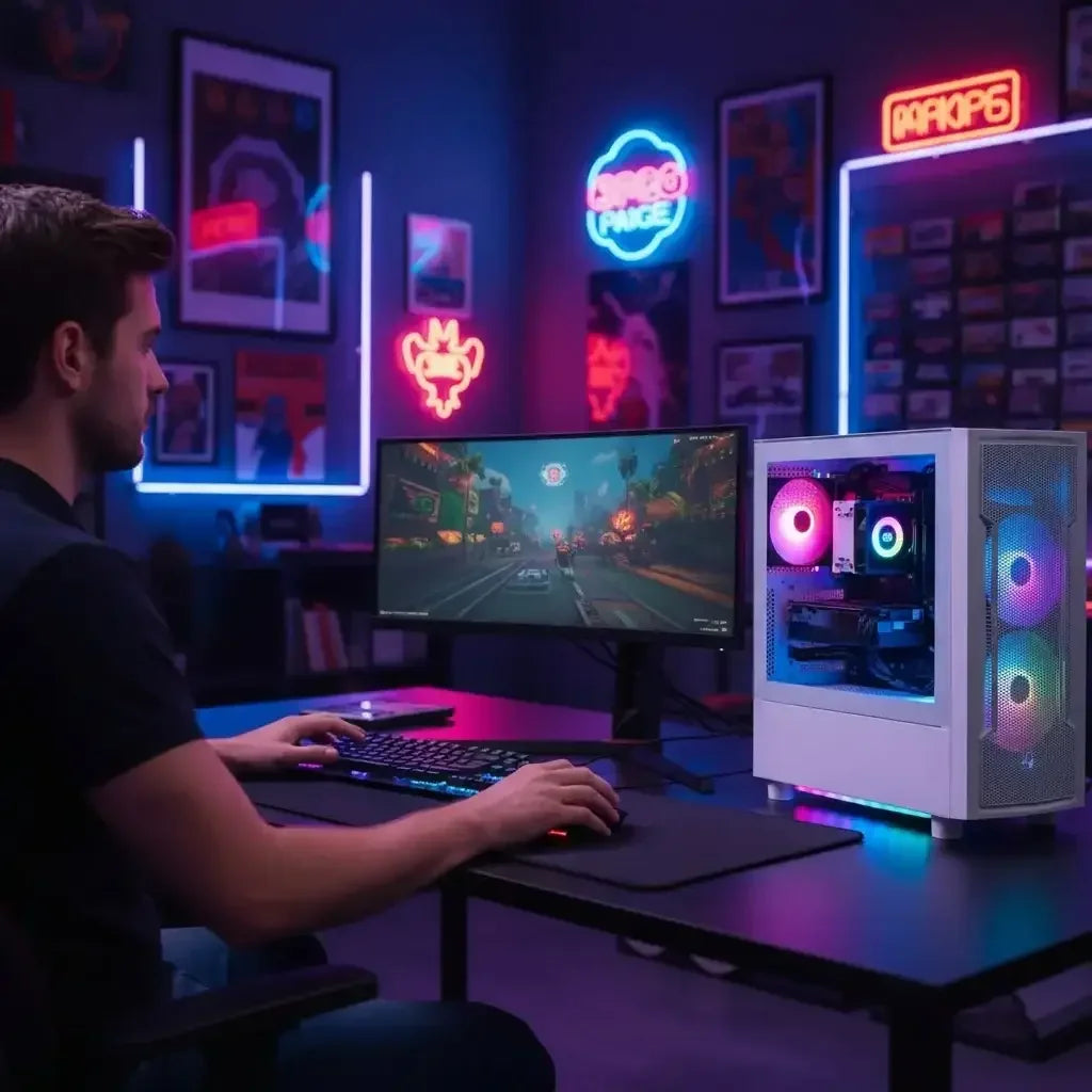 Man gaming at RGB-lit PC setup with ultrawide monitor in neon-lit gaming room