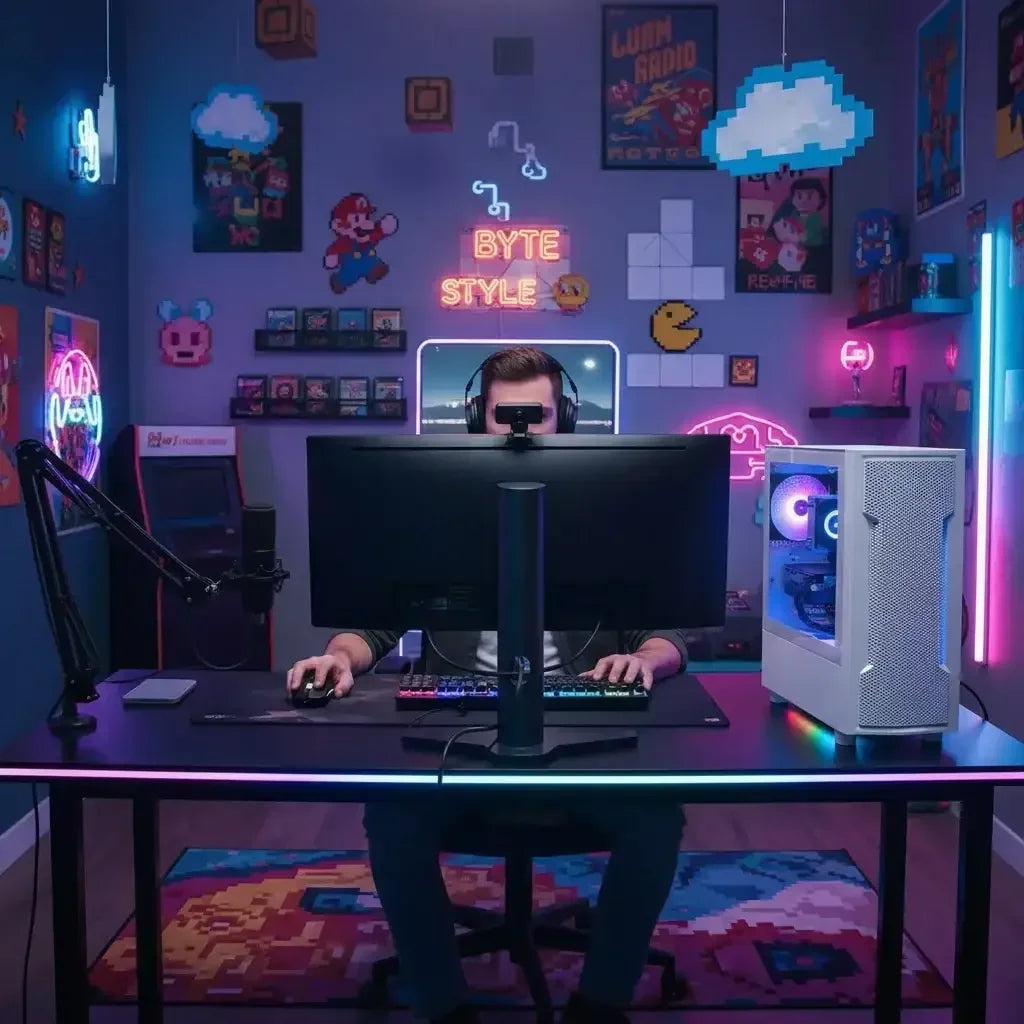 Gamer in RGB-lit room with retro arcade decor, streaming at a desktop gaming setup