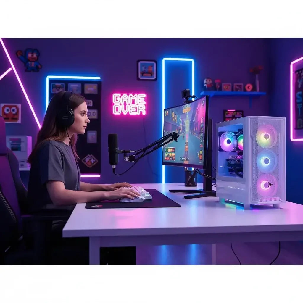 Woman gaming at RGB PC setup with neon lights, gaming desk, and headset in modern room