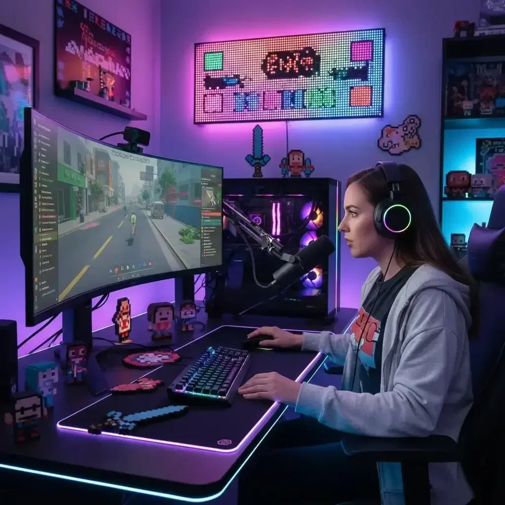 Young woman gaming on curved monitor with RGB keyboard, microphone, and pixel art decorations in neon-lit room