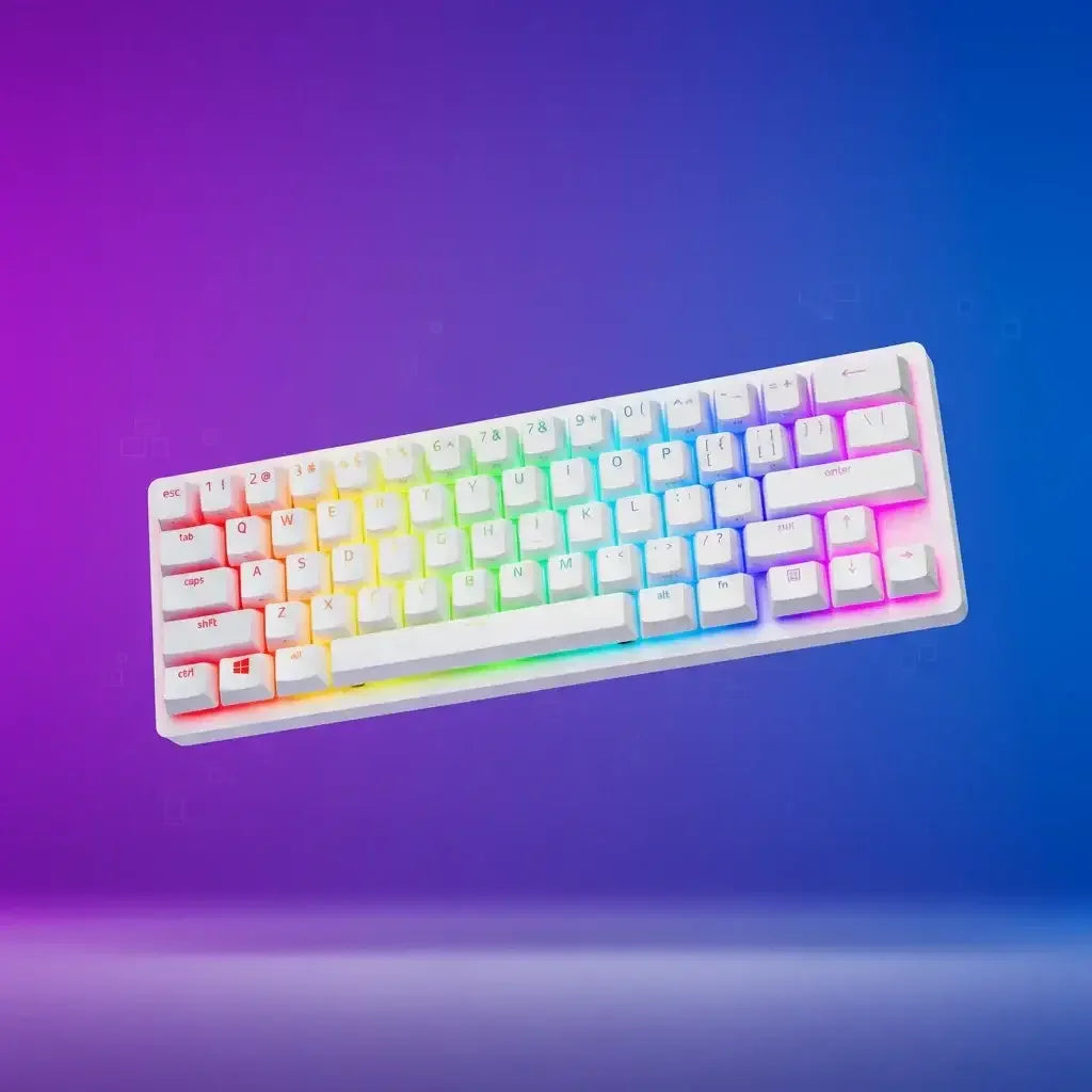 White RGB mechanical keyboard with rainbow backlighting on a purple-blue gradient background