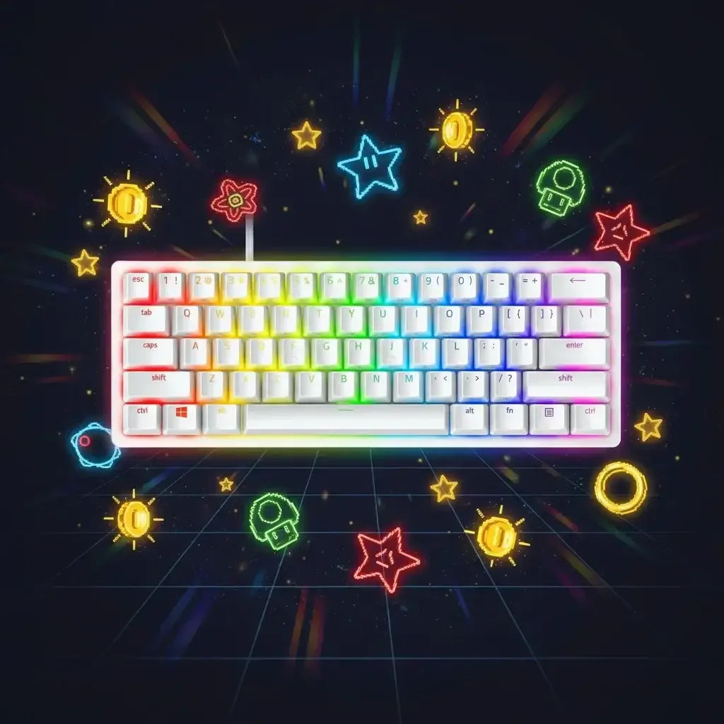 RGB mechanical keyboard with colorful neon gaming icons and pixel art elements on a dark grid