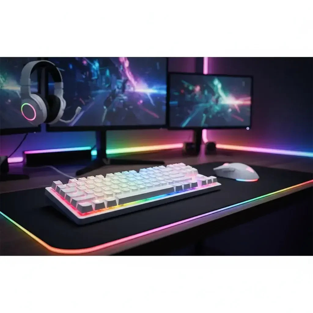 RGB gaming keyboard and mouse on LED desk with dual monitors and headset