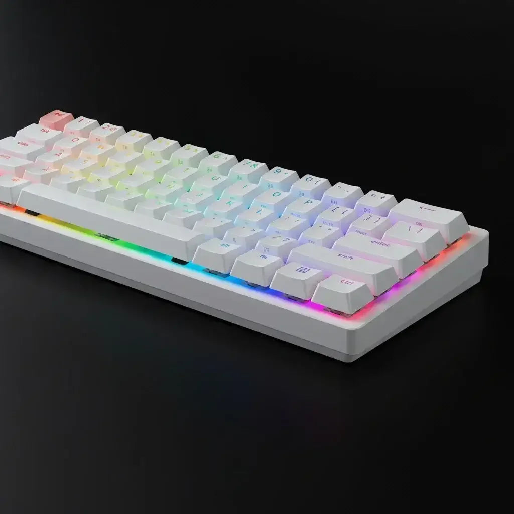 White mechanical keyboard with RGB backlit keys on black background