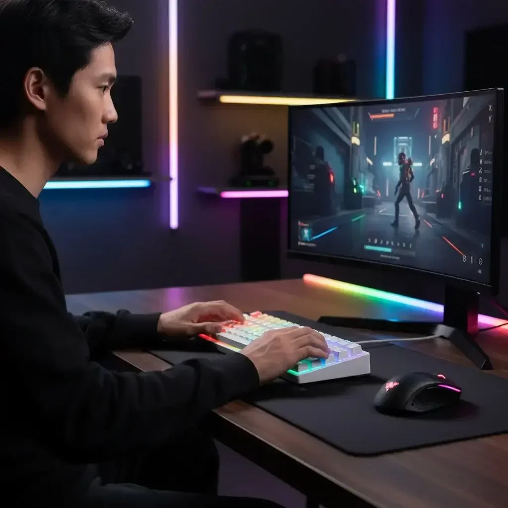 Gamer at desk playing PC game on curved monitor with RGB keyboard and neon LED lighting