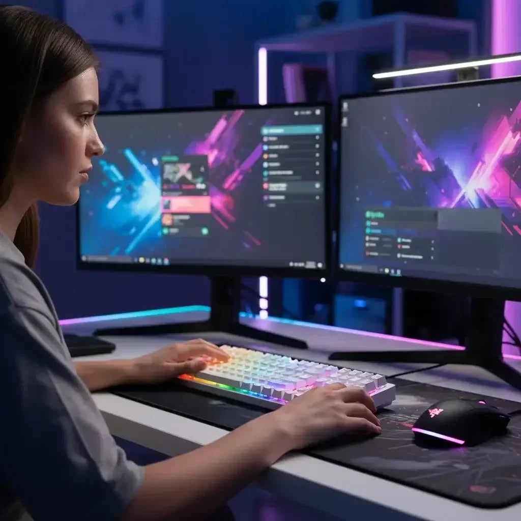 Woman gaming at RGB-lit dual monitor setup with mechanical keyboard and gaming mouse