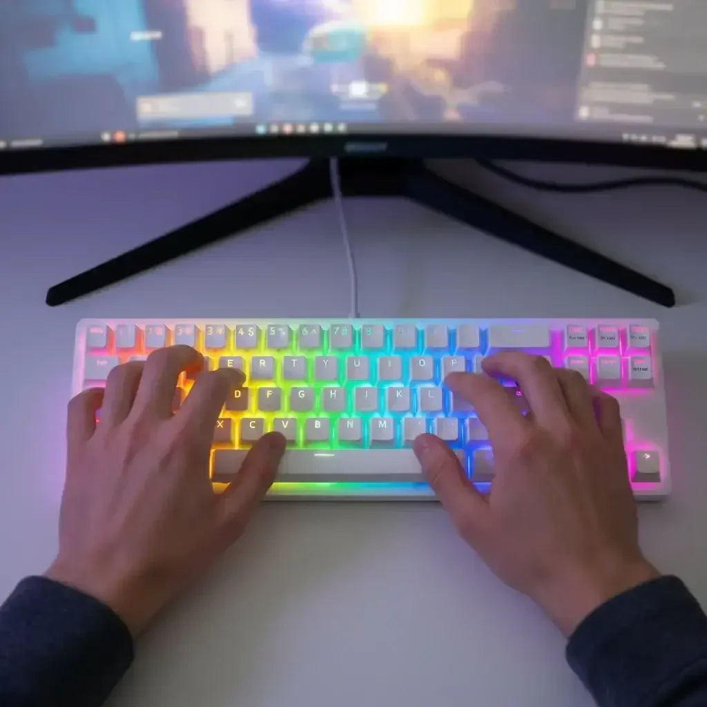 Hands typing on RGB backlit mechanical keyboard with curved monitor on desk