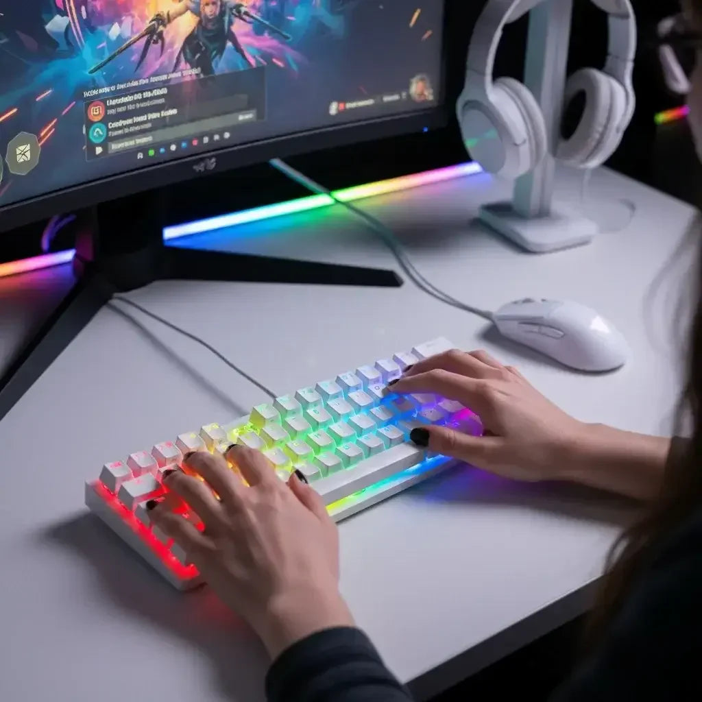 Person gaming on RGB mechanical keyboard with curved monitor and white headset