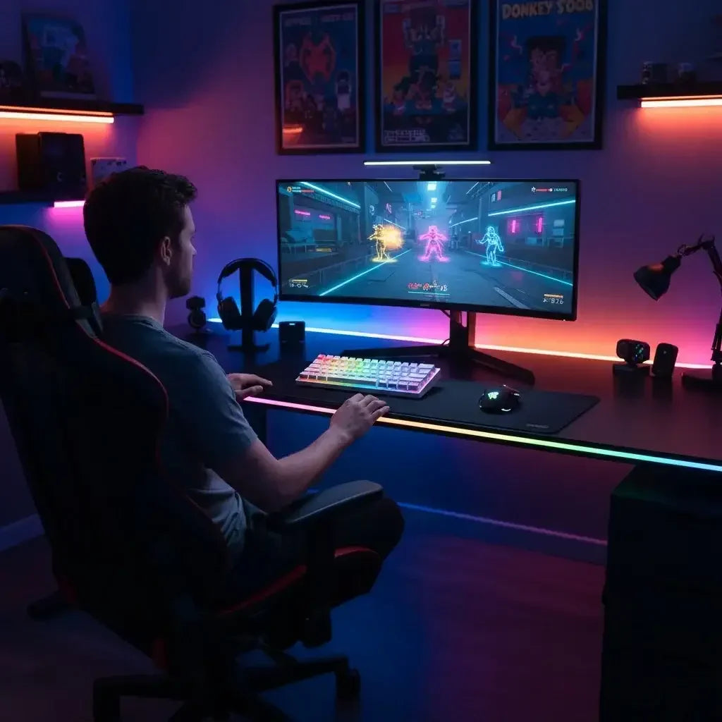 Gamer at RGB-lit desk playing on ultrawide monitor in modern gaming setup