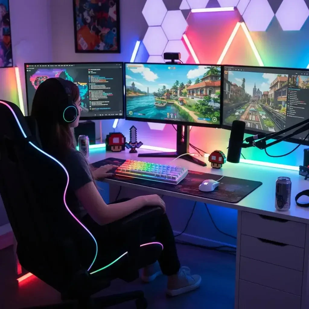 Gamer at RGB-lit desk with triple monitors, gaming chair, and pixel art decorations
