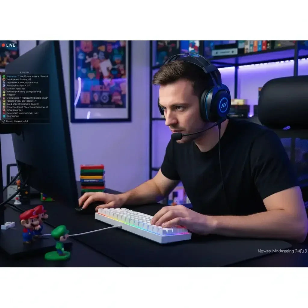 Male gamer livestreaming at RGB-lit desk with headset, mechanical keyboard, and Mario figurines