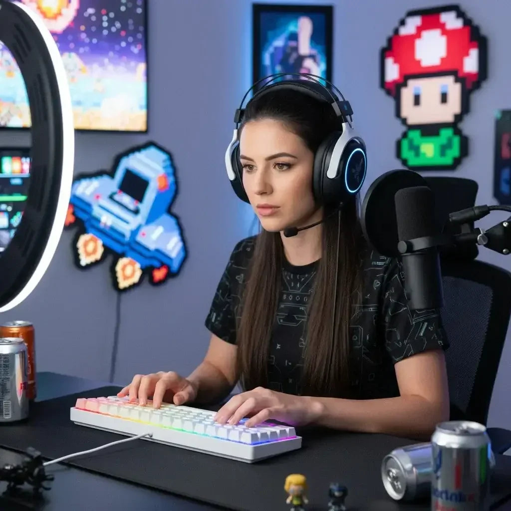 Female gamer streaming at RGB-lit desk with headset, keyboard, and retro gaming decor