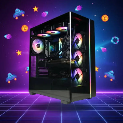 RGB-lit gaming PC tower with transparent side panel, floating in retro neon grid space