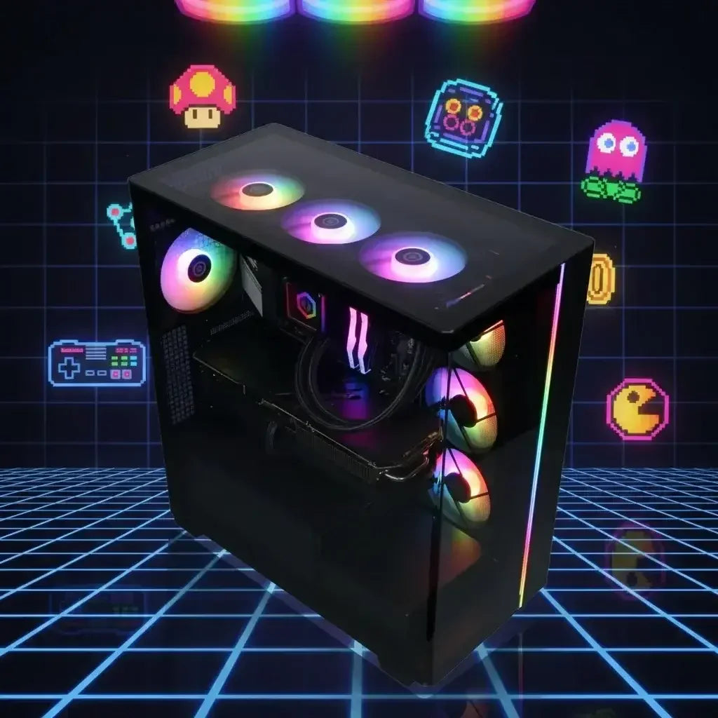 RGB lit gaming PC tower with colorful fans and retro pixel art gaming icons background