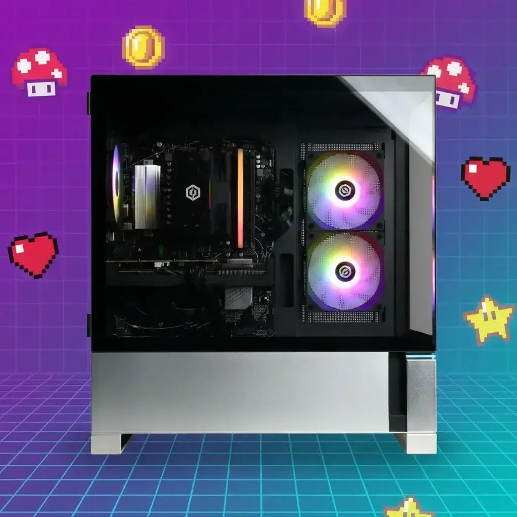 Modern gaming PC with RGB dual fans and sleek black and silver case on a retro pixel art background