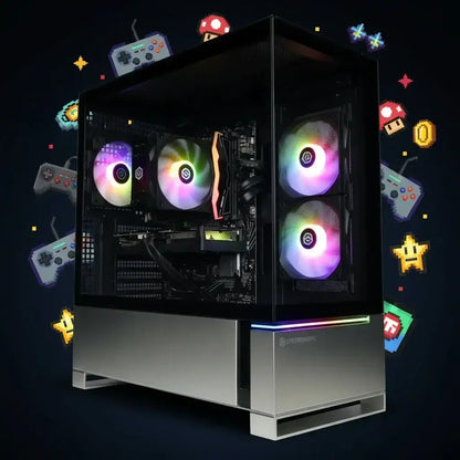 Sleek gaming PC with RGB fans inside a glass case, surrounded by 8-bit game icons and controllers